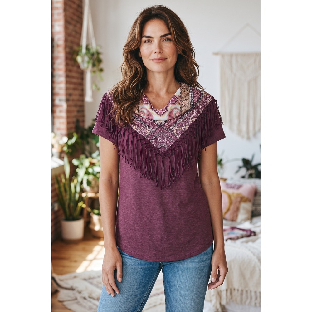 Style & Co Petite Purple Fringe Paisley Scarf Neck Top Short Sleeve PL Berry